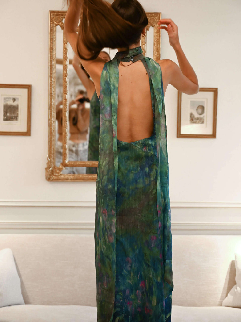 Women's high neck open back maxi dress in blue purple print, side profile