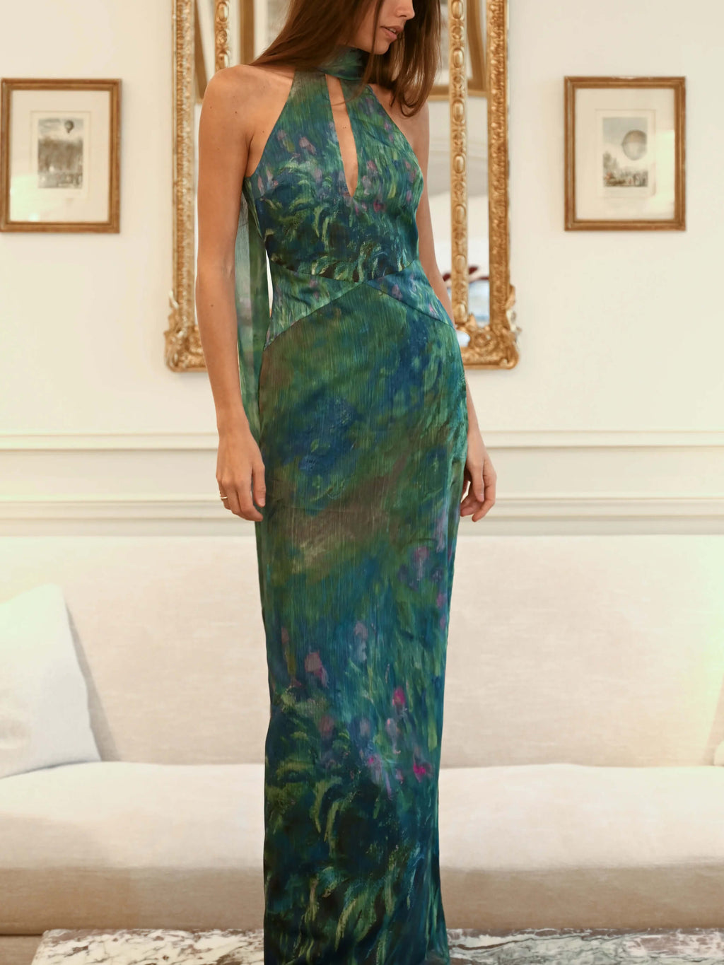 Women's textured chiffon maxi dress with keyhole neckline, three-quarter view