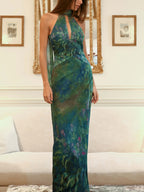 Women's textured chiffon maxi dress with keyhole neckline, three-quarter view