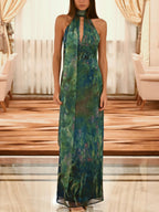 Women's painterly print formal maxi dress, close-up of neckline and drape