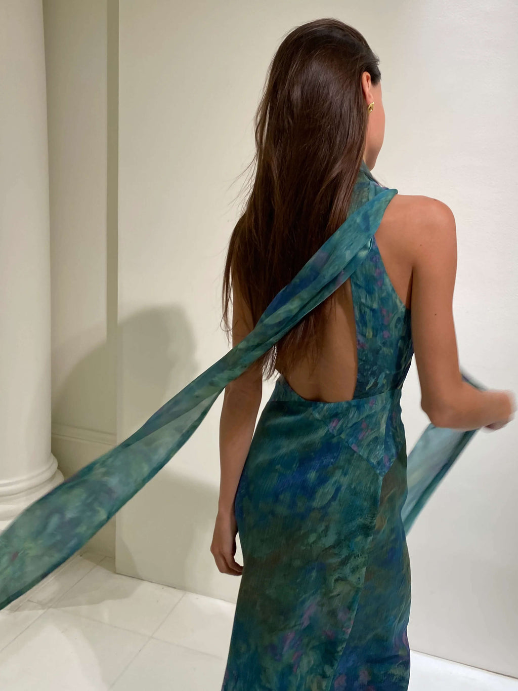 Women's high neck chiffon formal maxi dress with flowing skirt, full length view