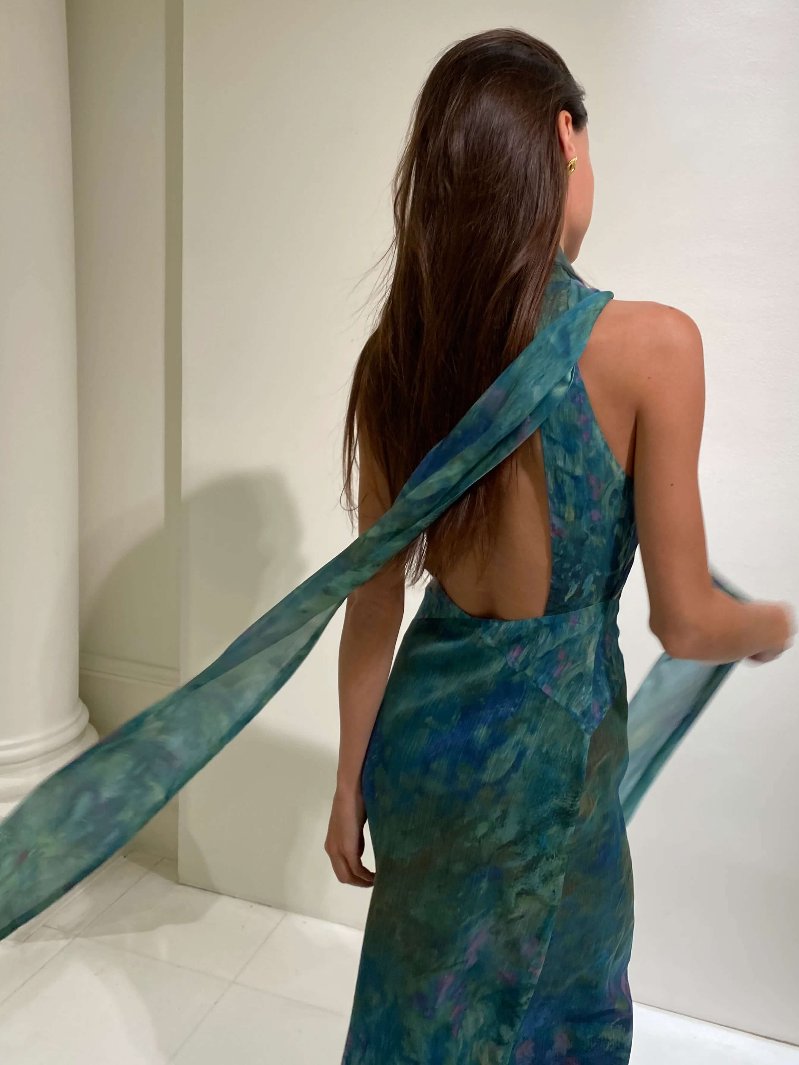 Women's high neck chiffon formal maxi dress with flowing skirt, full length view
