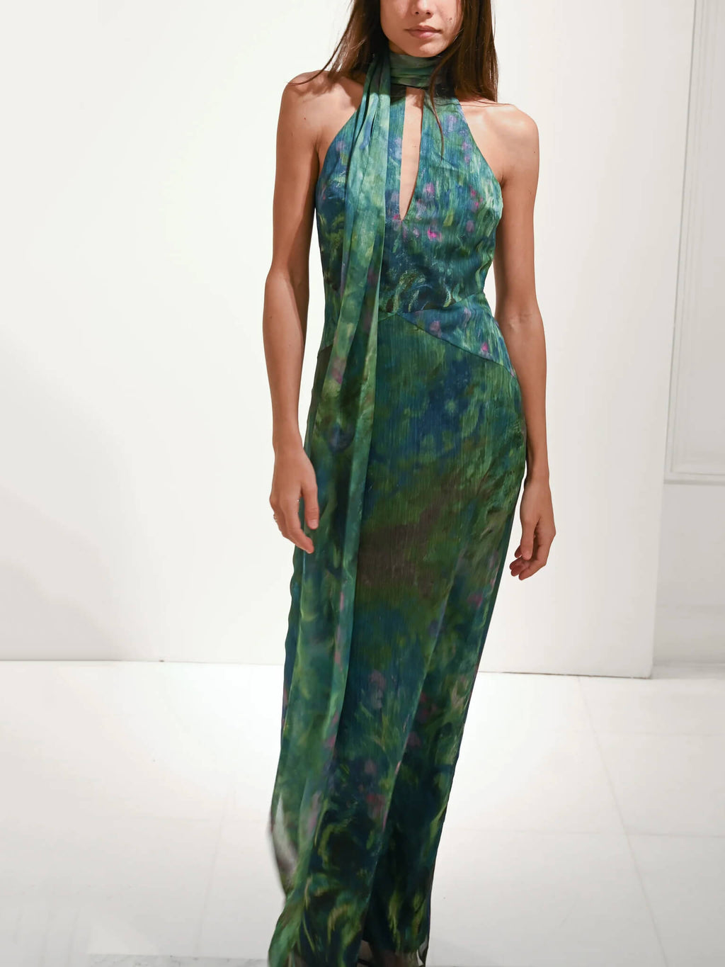 Women's Monet-inspired open back chiffon maxi dress, movement shot