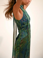 Women's keyhole open back chiffon maxi dress in blue green purple print, detail shot