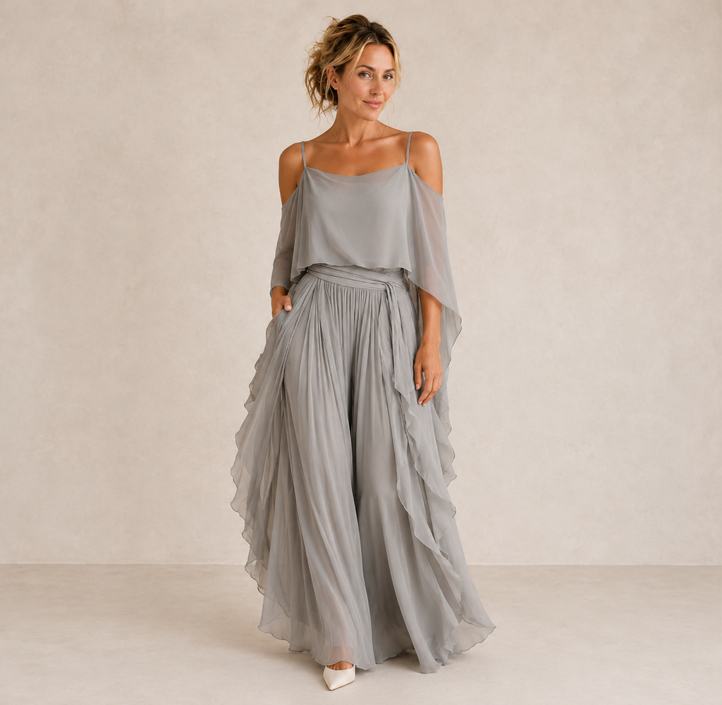Gray open-shoulder chiffon co-ord set, front view