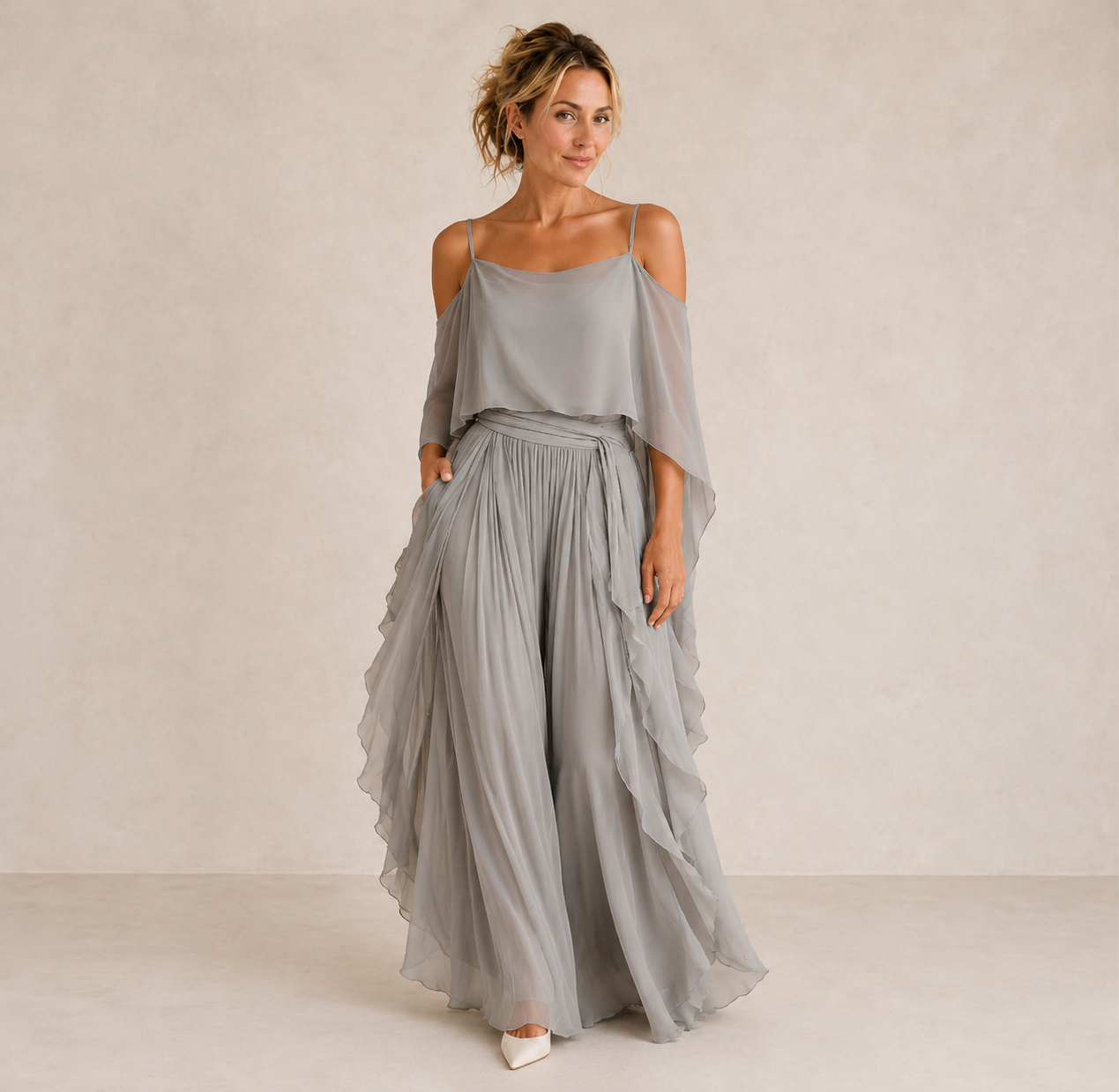 Gray open-shoulder chiffon co-ord set, front view