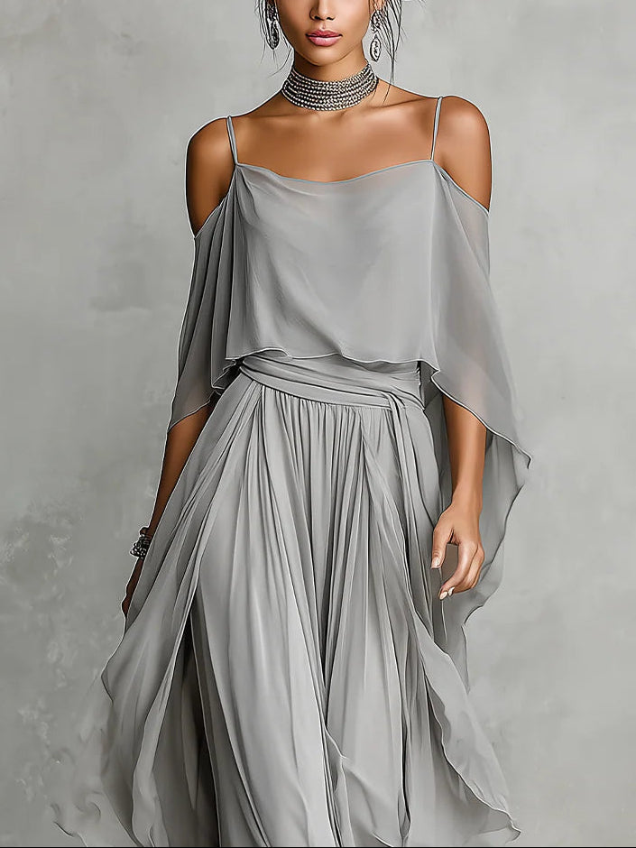 Open-Shoulder Chiffon Co-Ord Set for Elegant Occasions