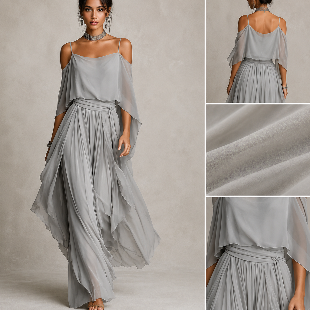 Open-Shoulder Chiffon Co-Ord Set for Elegant Occasions