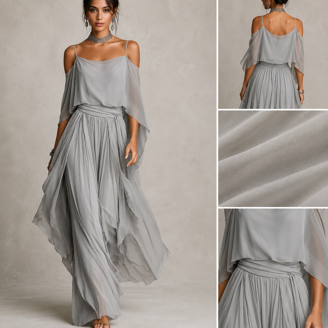 Open-Shoulder Chiffon Co-Ord Set for Elegant Occasions
