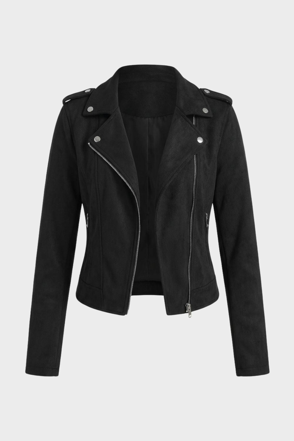 Black leather biker jacket, front view
