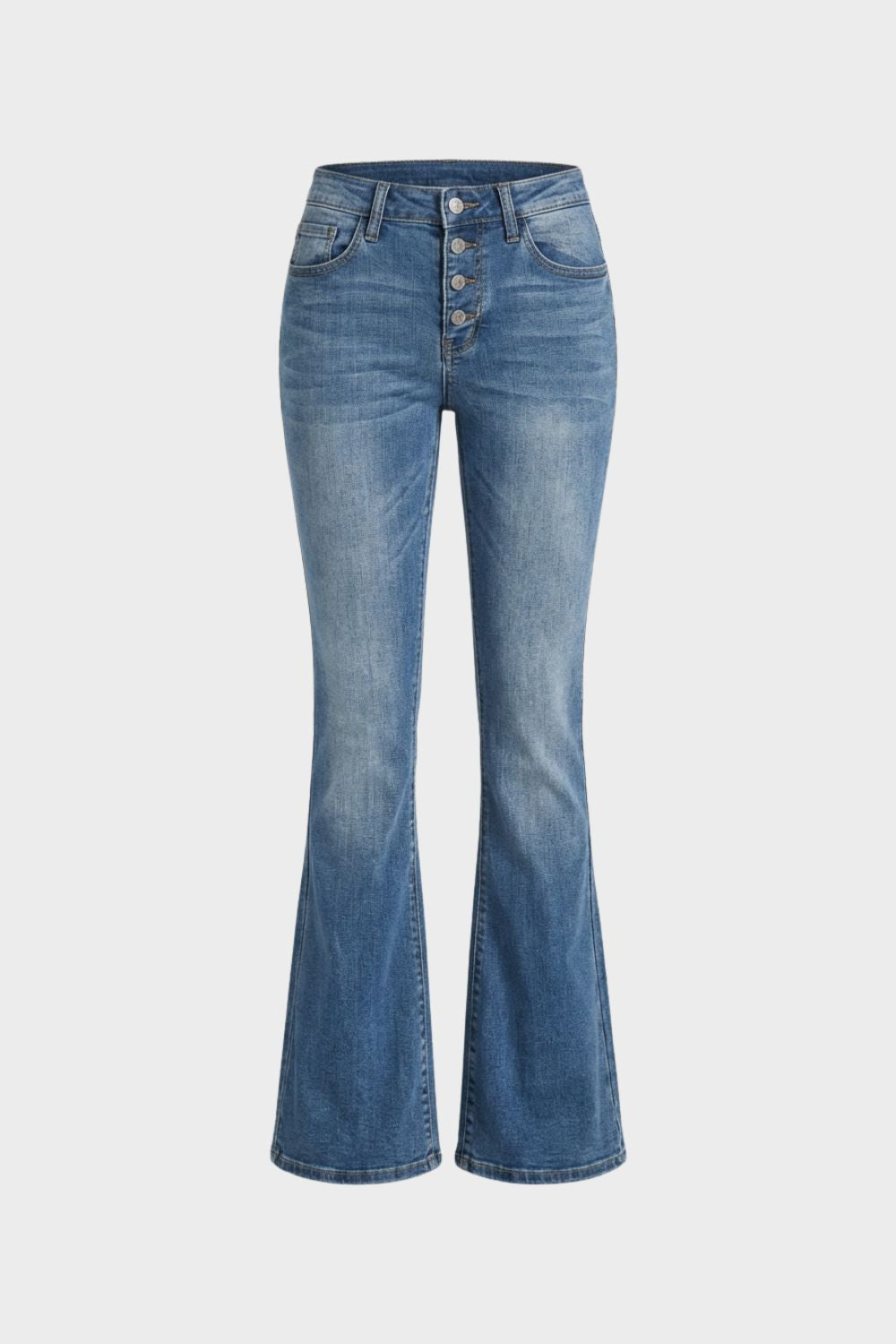 Blue high-waist flared jeans with button fly, front view