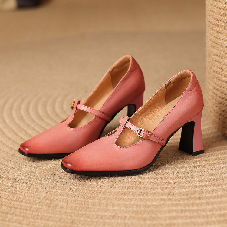 Pink genuine leather T-strap heels