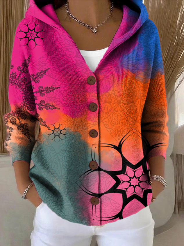 Pink, blue and orange ombre print button-front hoodie, close-up