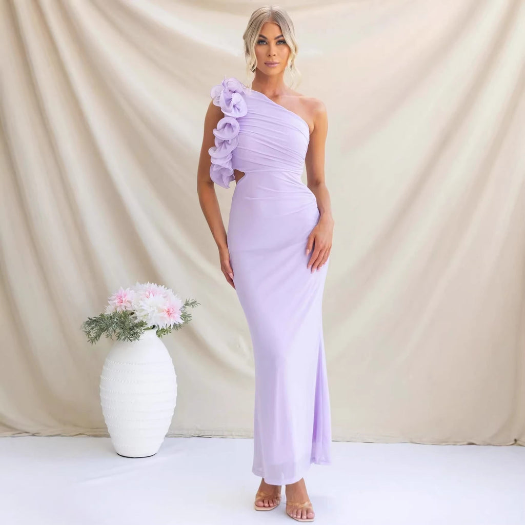 Dark Blue one-shoulder ruffle dress