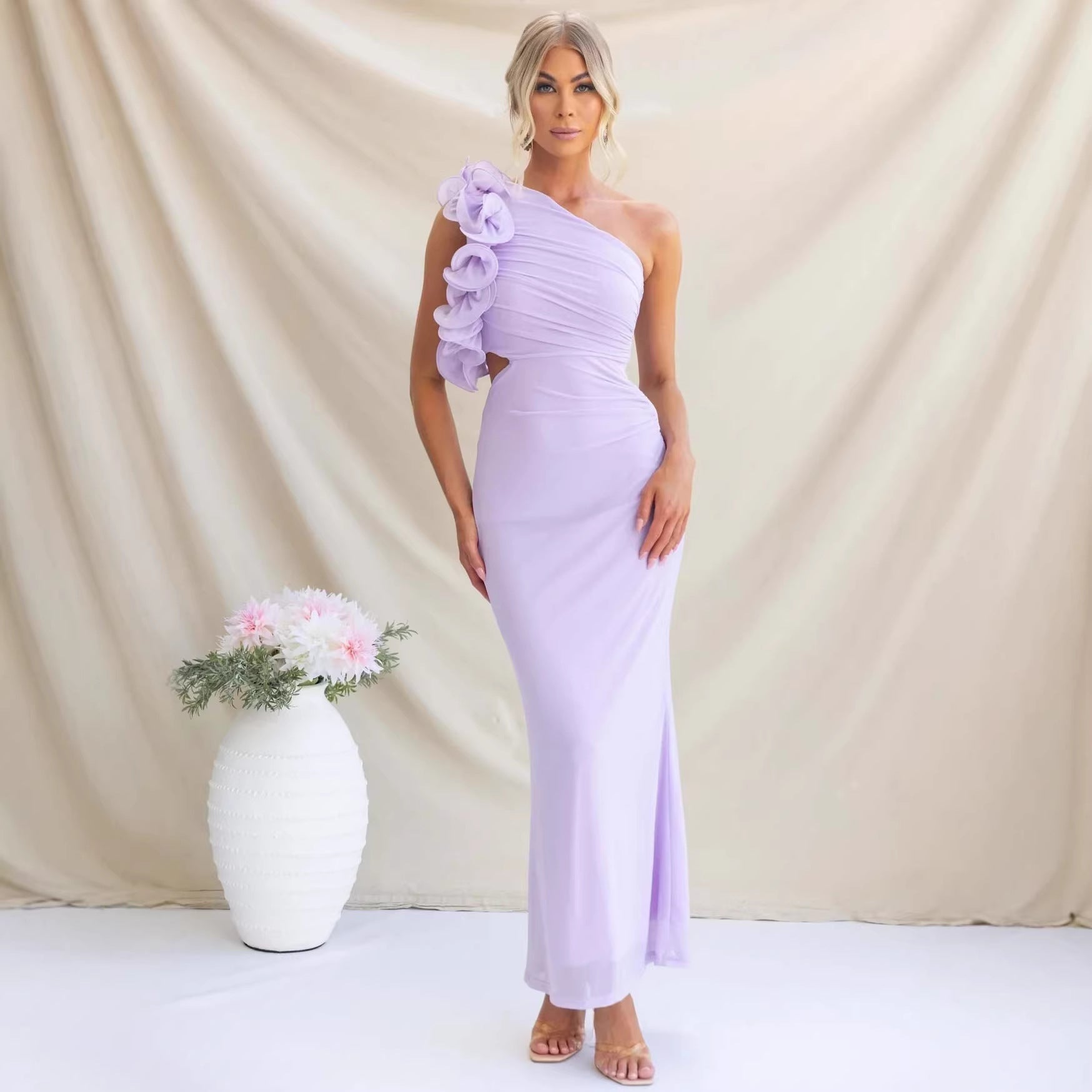 Dark Blue one-shoulder ruffle dress