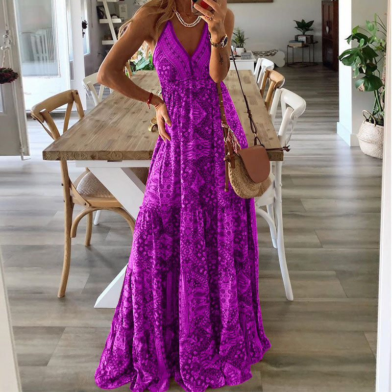 Women's Tiered Patterned Maxi Dress detail view - Flowy V-Neck Wedding Guest Maxi Dress