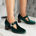 Emerald suede ankle-strap block heels, front view