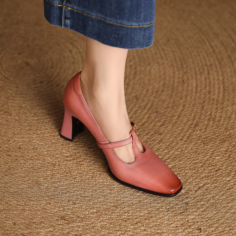 Pink genuine leather T-strap heels
