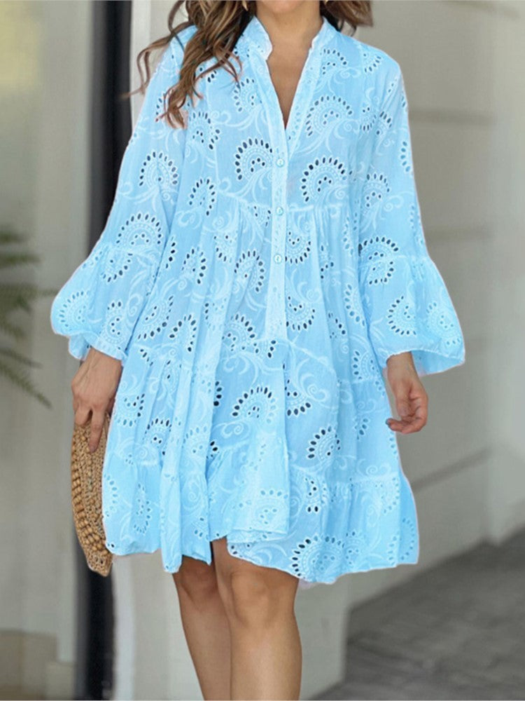 Tiered mini dress with embroidery detail, casual summer fashion | Alba Muse