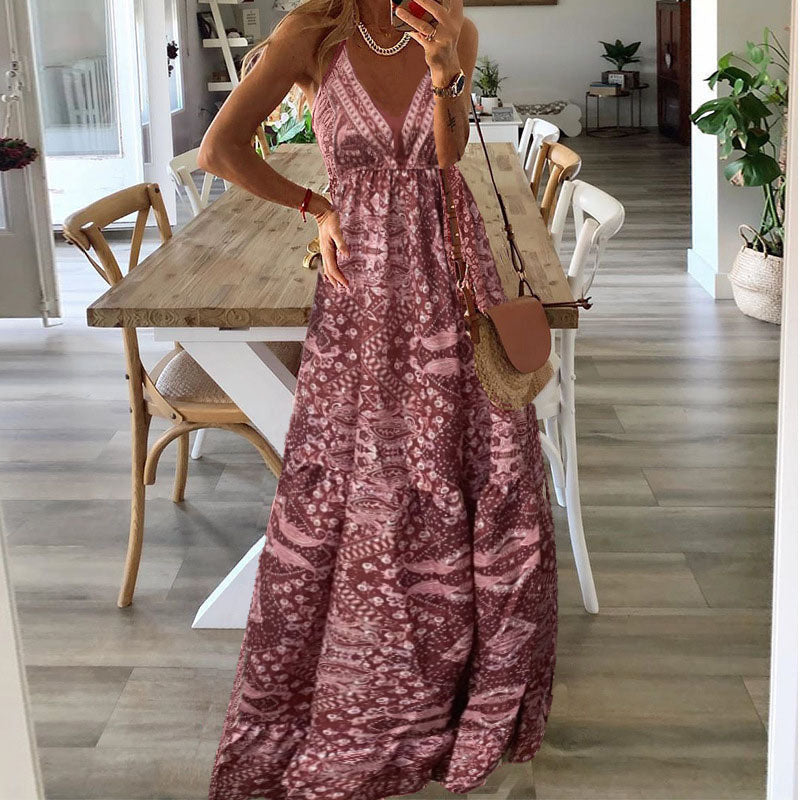 Women's Tiered Patterned Maxi Dress full length - Flowy V-Neck Wedding Guest Maxi Dress