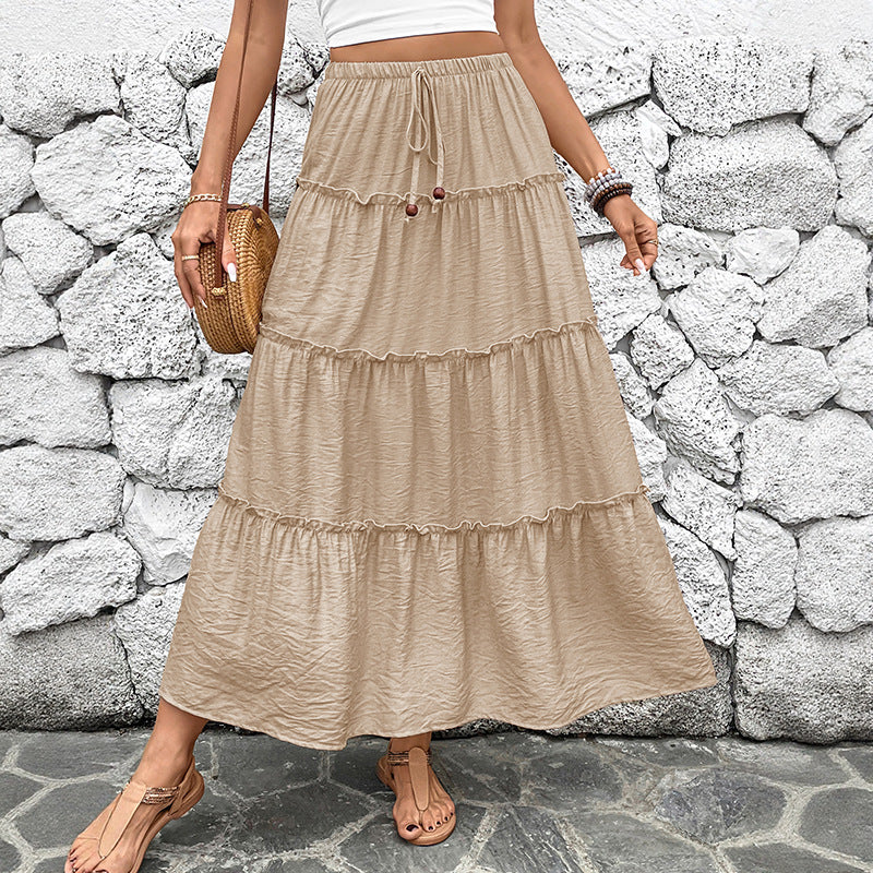 Bohemian Pleated Maxi Skirt in Khaki, front view