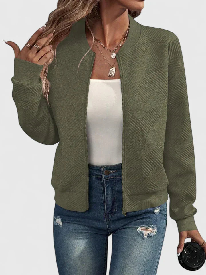 Army green textured geometric bomber jacket with ribbed collar, front view worn open