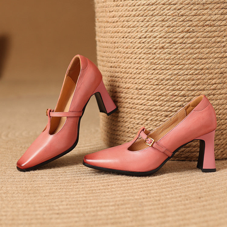 Pink genuine leather T-strap heels