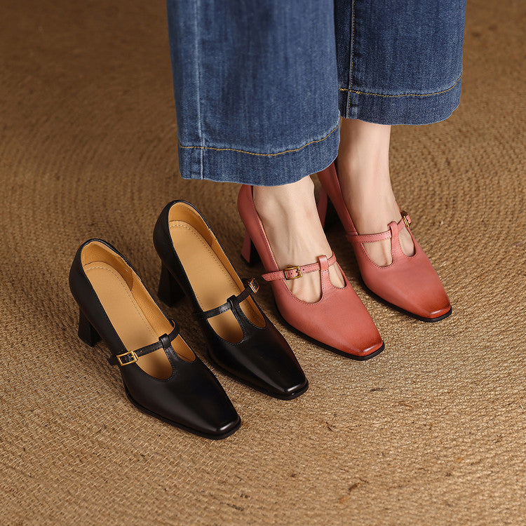 Pink genuine leather T-strap heels