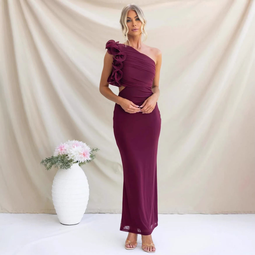 Dark Blue one-shoulder ruffle dress