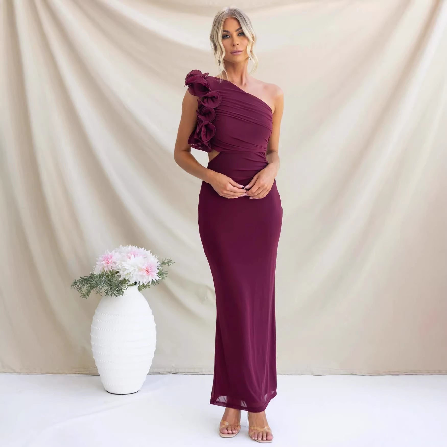 Dark Blue one-shoulder ruffle dress