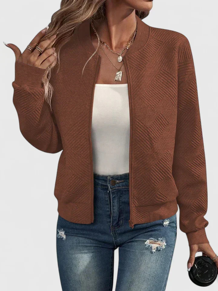 Caramel brown textured geometric bomber jacket with ribbed collar, front view worn open