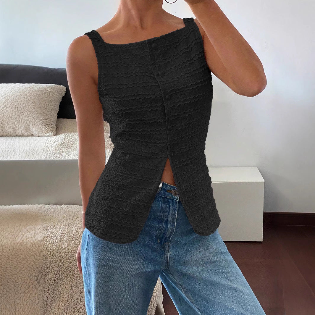 Textured ripple fabric button-front sleeveless top for women | Alba Muse