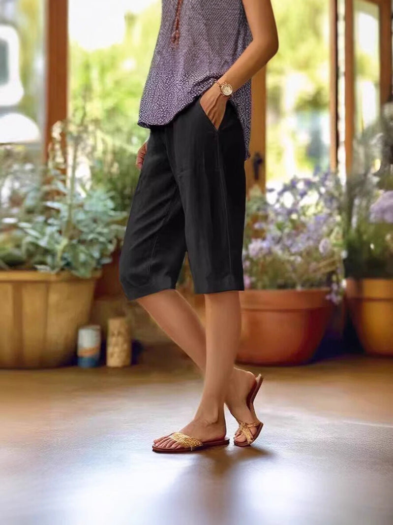 Women's black linen Bermuda shorts – relaxed fit knee-length summer shorts