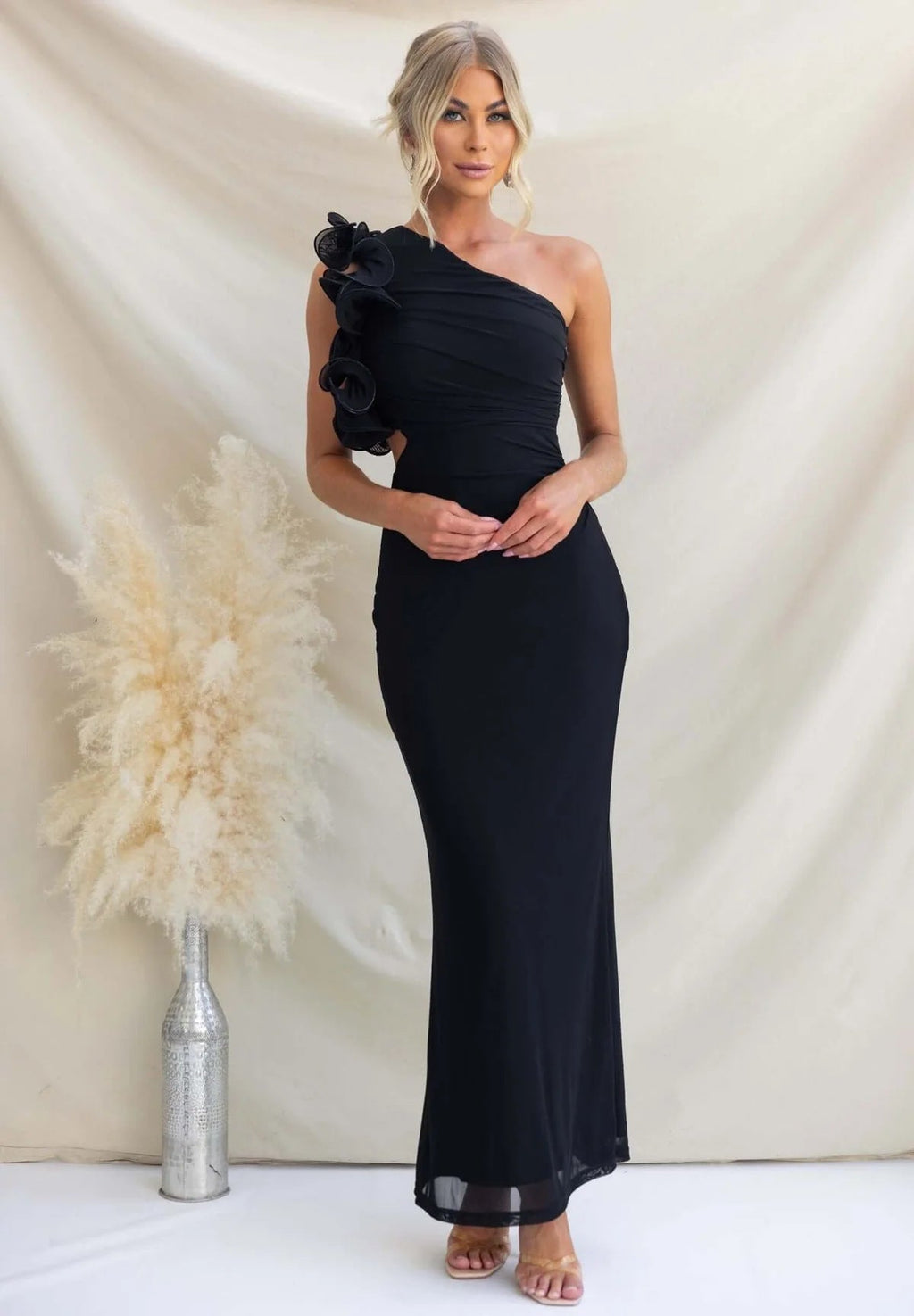 Dark Blue one-shoulder ruffle dress