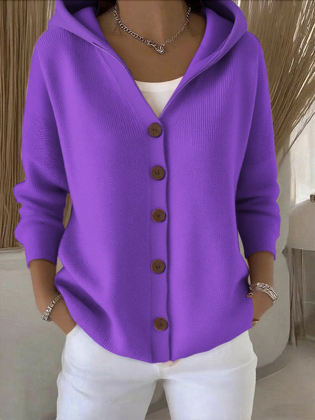 Violet button-front hoodie, close-up