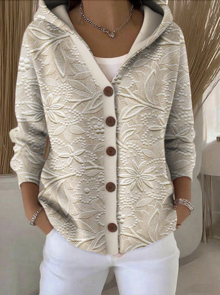 Off-white floral jacquard print button-front hoodie, close-up