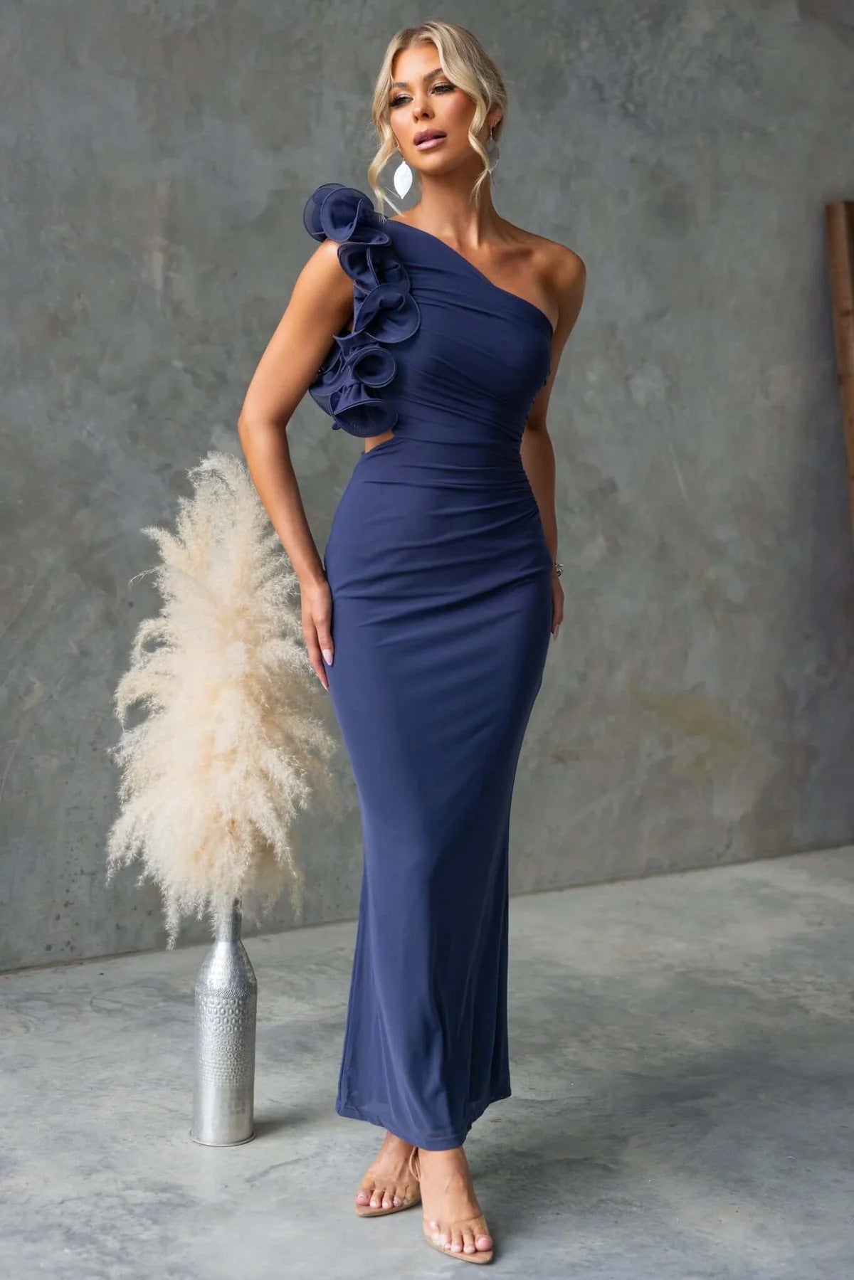Dark Blue one-shoulder ruffle dress