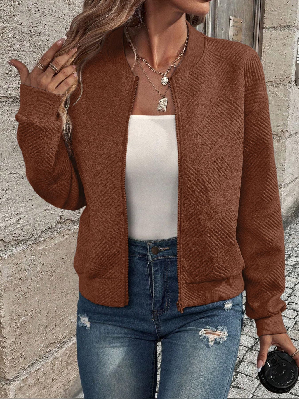 Hannah | Women’s Casual Pattern Front Zip Cardigan