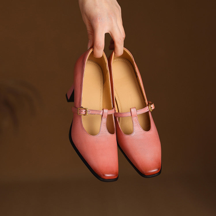 Pink genuine leather T-strap heels