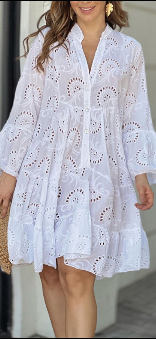 Tiered mini dress with eyelet embroidery and balloon sleeves | Alba Muse