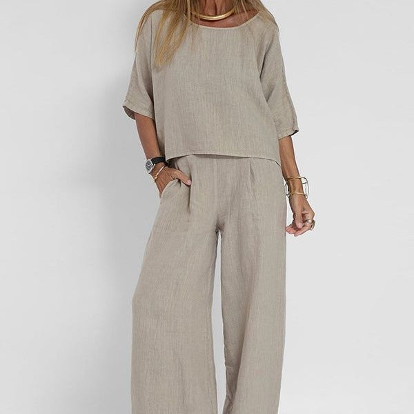 Women's linen blend co-ord wide leg trouser set in warm beige, casual summer style, front view