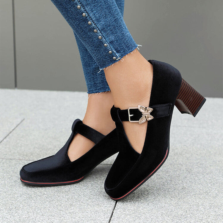 Black suede ankle-strap block heels