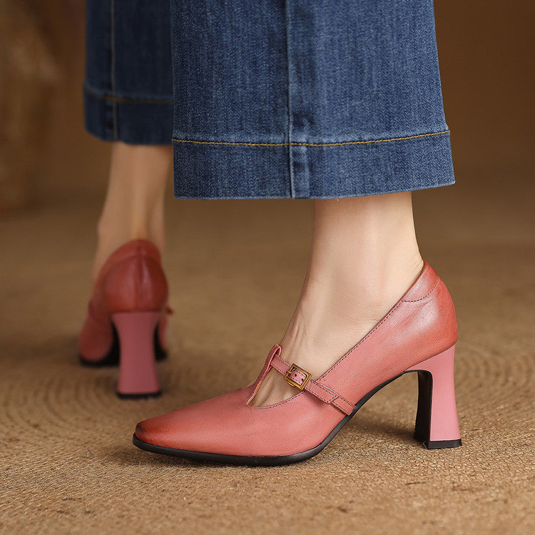 Pink genuine leather T-strap heels