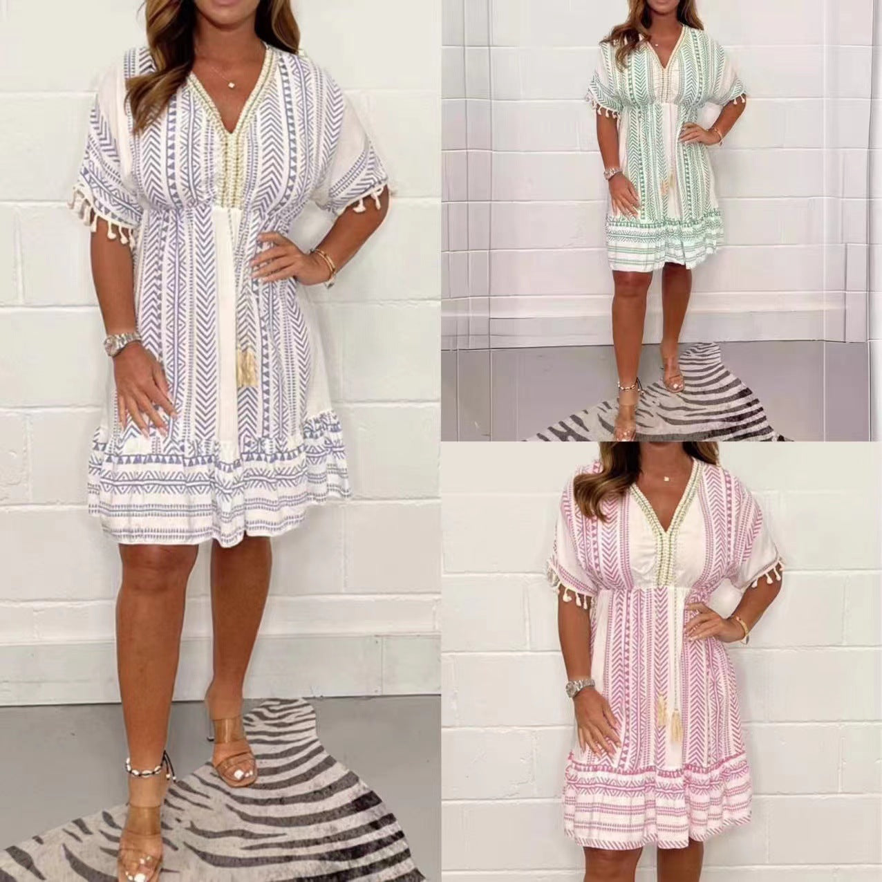 Printed V-neck summer dress, lifestyle view