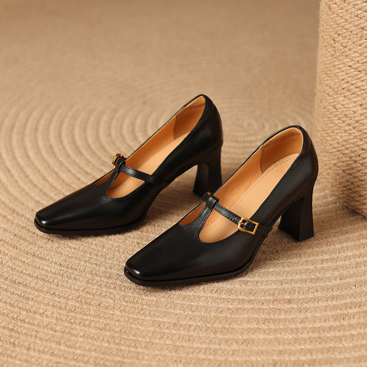 Pink genuine leather T-strap heels