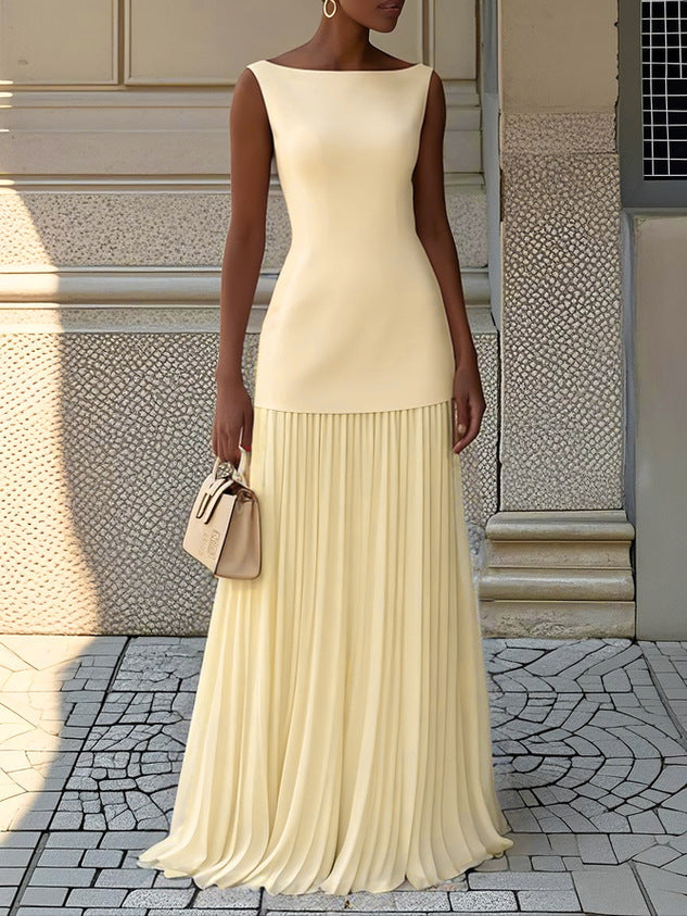 Pleated maxi dress in yellow, garden party and formal occasion | Alba Muse