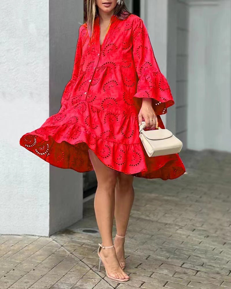Red tiered mini dress with balloon sleeves, fun and flirty | Alba Muse