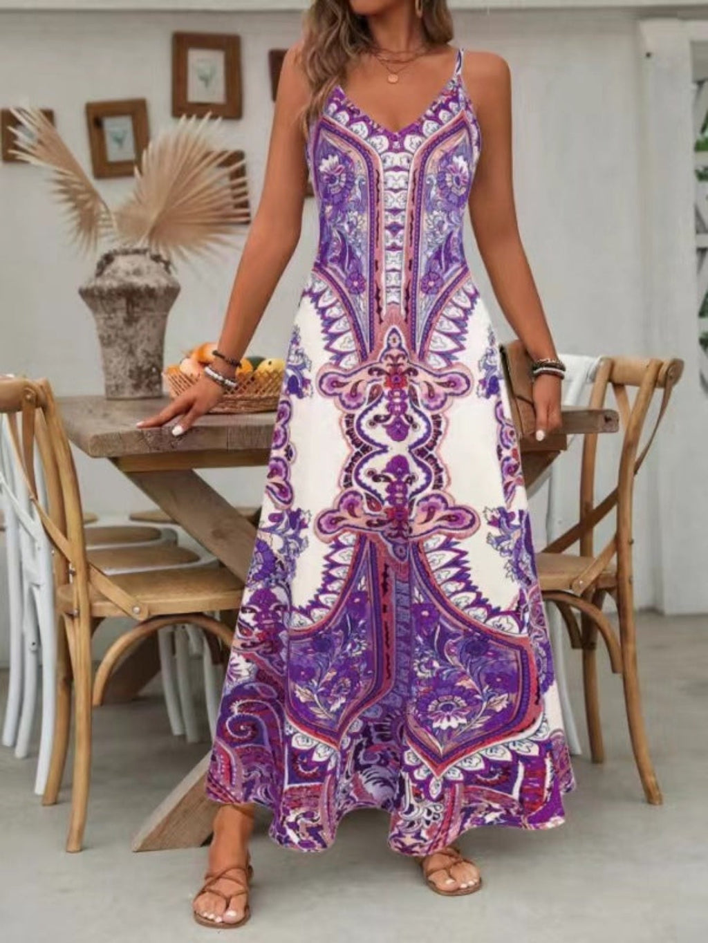 Women's boho paisley print maxi dress V-neckline | Alba Muse