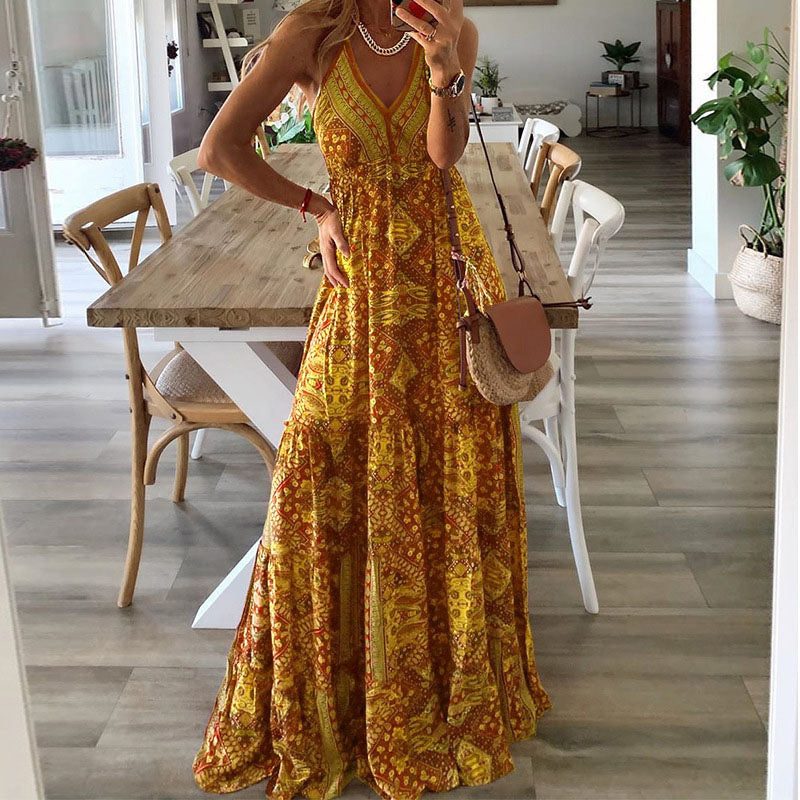 Women's Tiered Patterned Maxi Dress back view - Flowy V-Neck Wedding Guest Maxi Dress