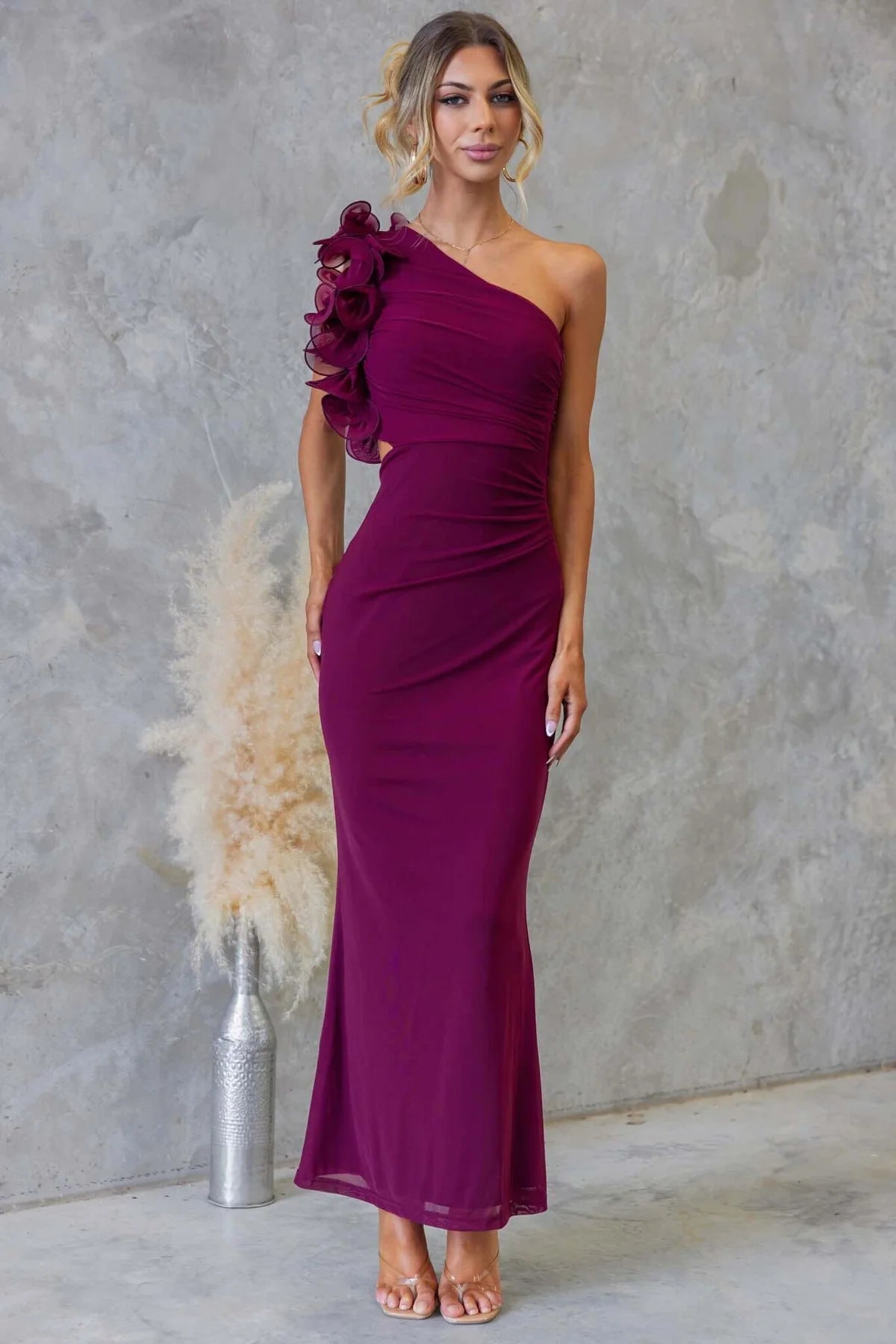 Dark Blue one-shoulder ruffle dress